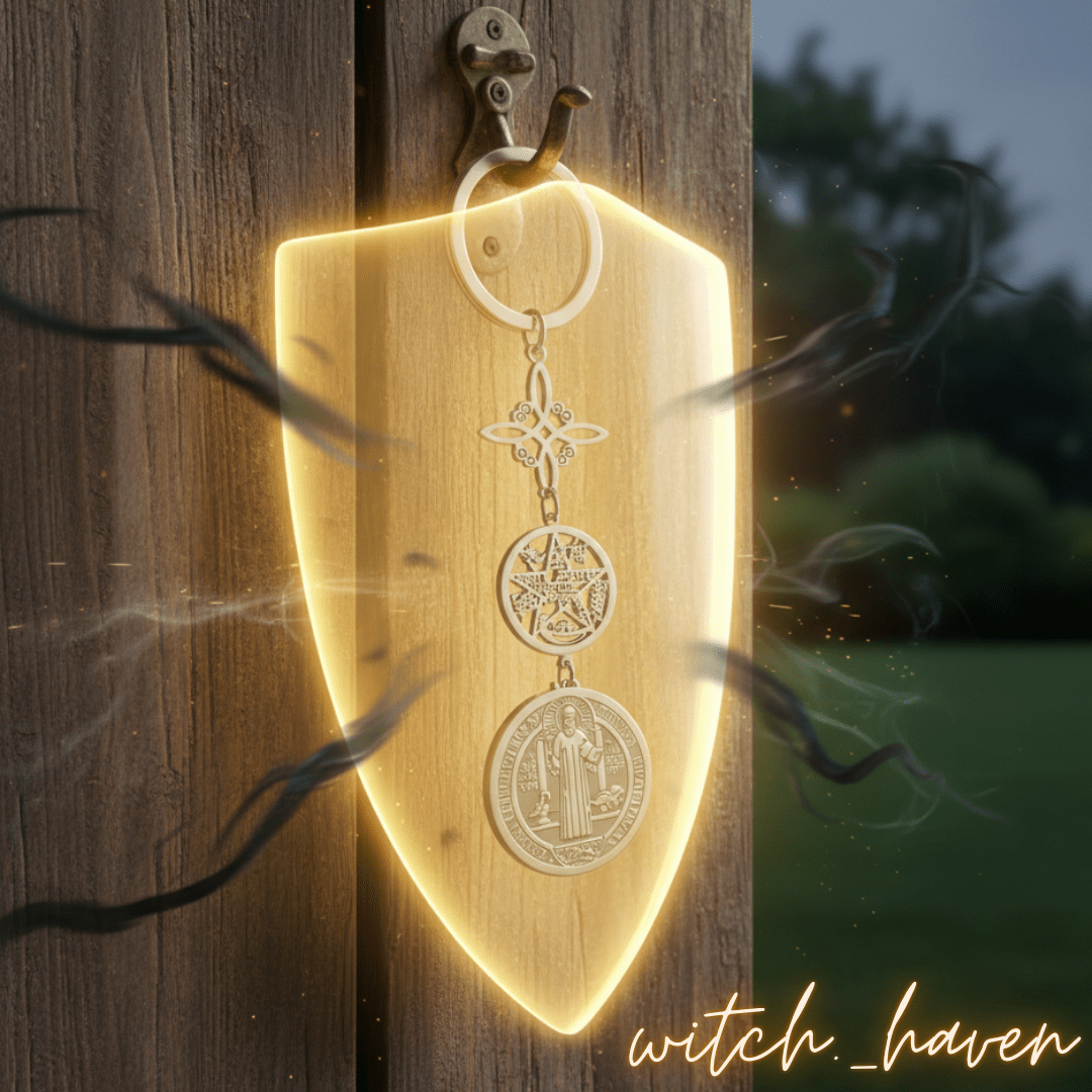 Witchhaven, Dominika Marx, Triple Protection Schlüsselanhänger aus massivem Edelstahl, Schutzsymbole Hexenknoten Pentagramm und Benediktus Medaille, spiritueller Begleiter für das Auto und Zuhause, energetisch gereinigter Schlüsselanhänger gegen negative Energien