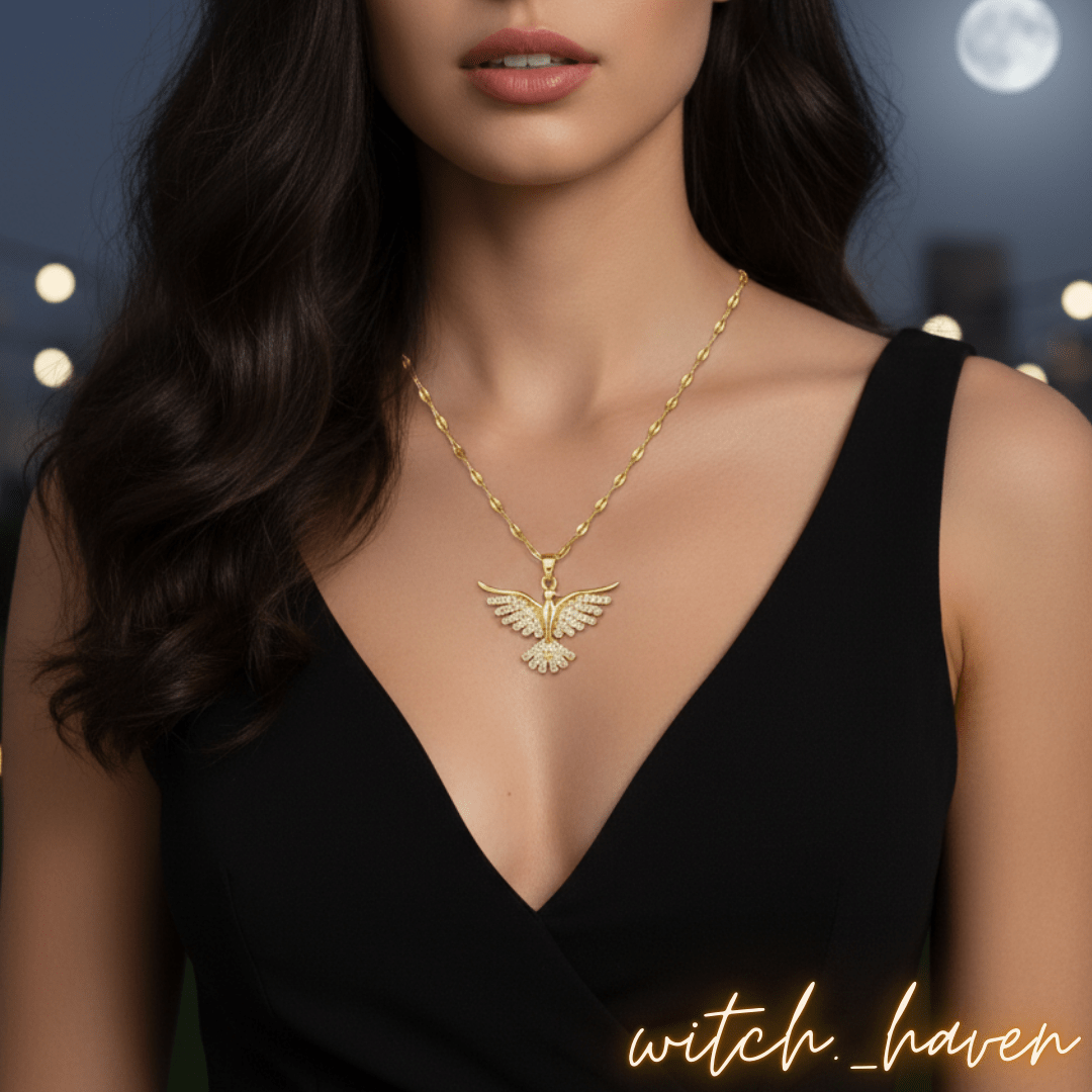 Witchhaven, Dominika Marx, elegante Phönix Halskette mit 14 Karat Gold-Veredelung und Zirkonia Steinen, spiritueller Schmuck für Transformation und Neubeginn, energetisch gereinigter Anhänger Krafttier Phönix, luxuriöse Gliederkette Gold