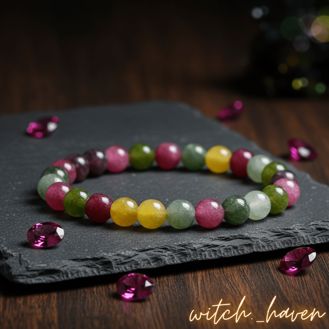 Turmalin Armband handgefertigt, bunte Naturstein Perlen 8mm, Dominika Marx, Witchhaven, Edelstein Armband für Damen, Yoga Schmuck energetisch, Heilstein Armband bunt, elastisches Perlenarmband, Turmalin Schmuck Unikat, spiritueller Schmuck handgemacht, Natursteinschmuck farbenfroh, Schutzstein Armband, Chakra Harmonisierung, Glücksnebel Schmuck Design