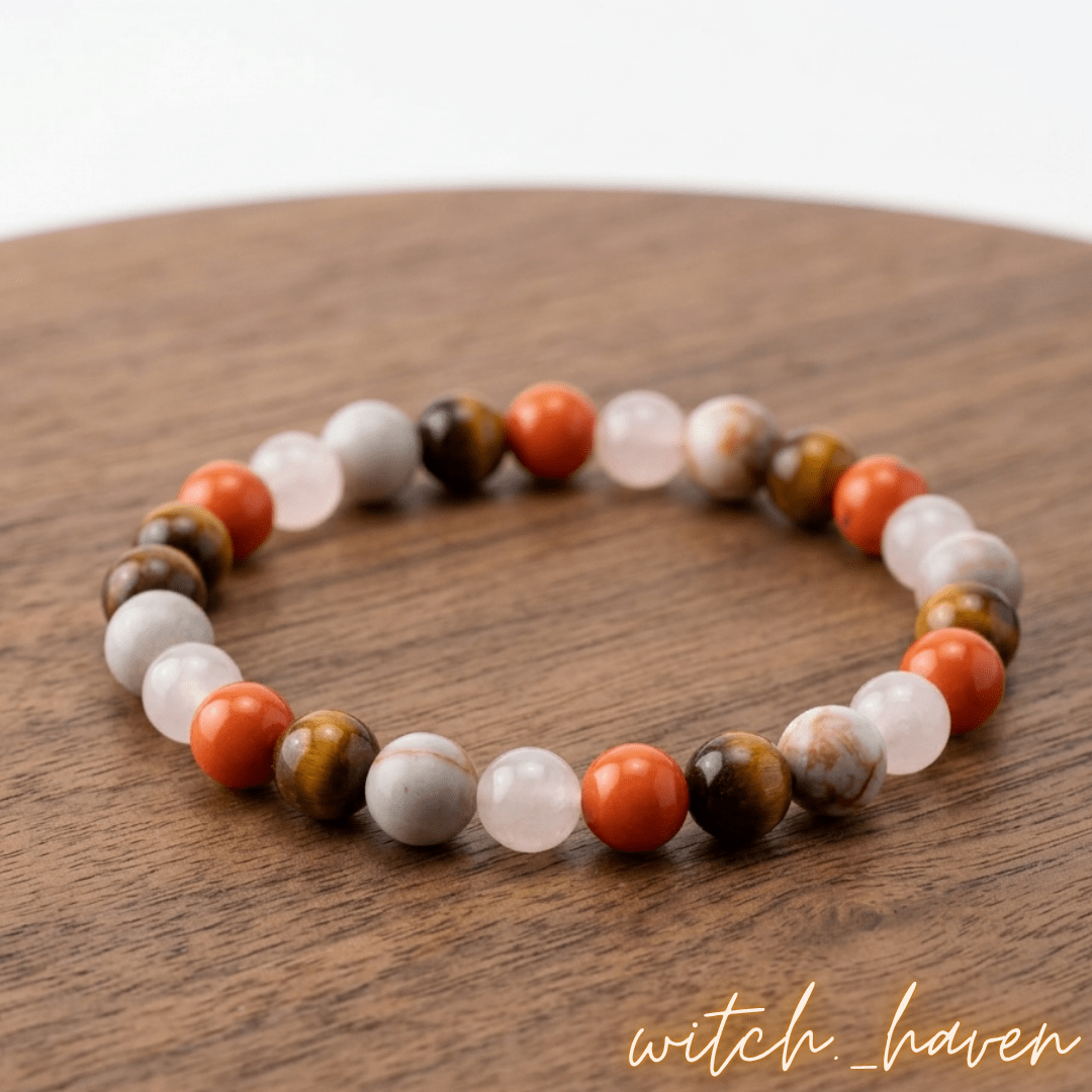 Witchhaven, Dominika Marx, handgefertigtes Anti Angst Armband aus Tigerauge Rosenquarz und Magnesit Perlen, spiritueller Schmuck für mentale Balance und Schutz, energetisch gereinigtes Edelstein Armband gegen innere Unruhe, elastisches Unikat für Zuversicht