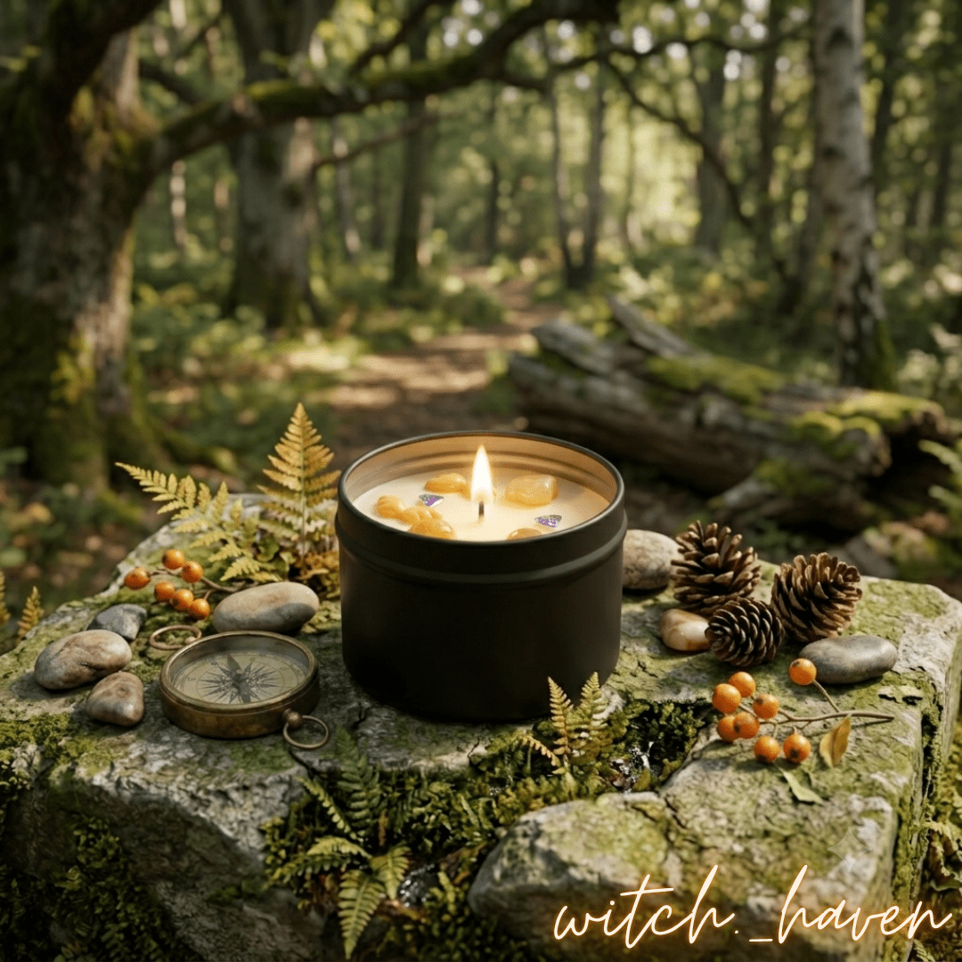 Orange Duftkerze Sojawachs mit echten Zitrin Edelsteinen Dominika Marx, handgemachte schwarze Dose mit fruchtigem Orangenduft, spiritueller Begleiter Raumharmonisierung Witchhaven, handgegossene vegane Kerze Altar Dekoration, rituelles Reinigungsritual Zitrin Edelsteinkerze, Heilsteine für Lebensfreude sowie Optimismus, exklusives Design magische Dekoration orange schwarz