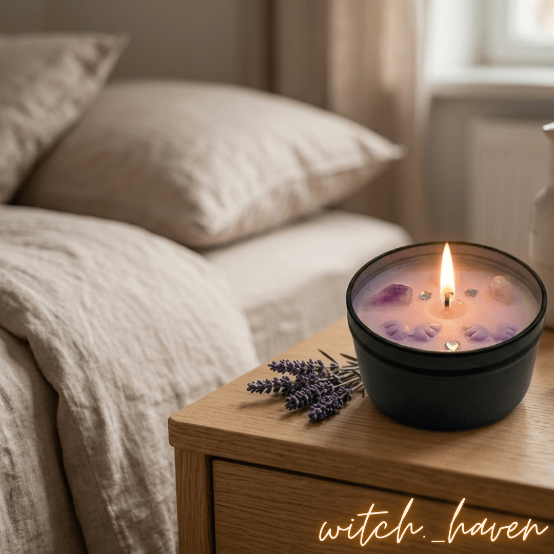 Lavendel Duftkerze Sojawachs mit echten Amethyst Edelsteinen Dominika Marx, handgemachte schwarze Dose mit beruhigendem Lavendelduft, spiritueller Begleiter Raumharmonisierung Witchhaven, handgegossene vegane Kerze Altar Dekoration, rituelles Reinigungsritual Amethyst Edelsteinkerze, Heilsteine für inneren Frieden sowie tiefe Entspannung, exklusives Design magische Dekoration lila schwarz