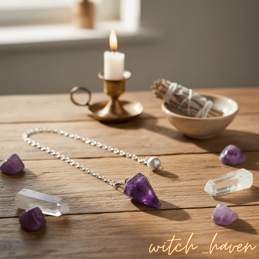 Witchhaven, Dominika Marx, Amethyst Hexagon Pendel mit Metallkette, violetter Naturstein aus Brasilien, spirituelles Werkzeug für Wahrsagen und Meditation, energetisch gereinigter Amethyst Heilstein, hexagonales Edelsteinpendel