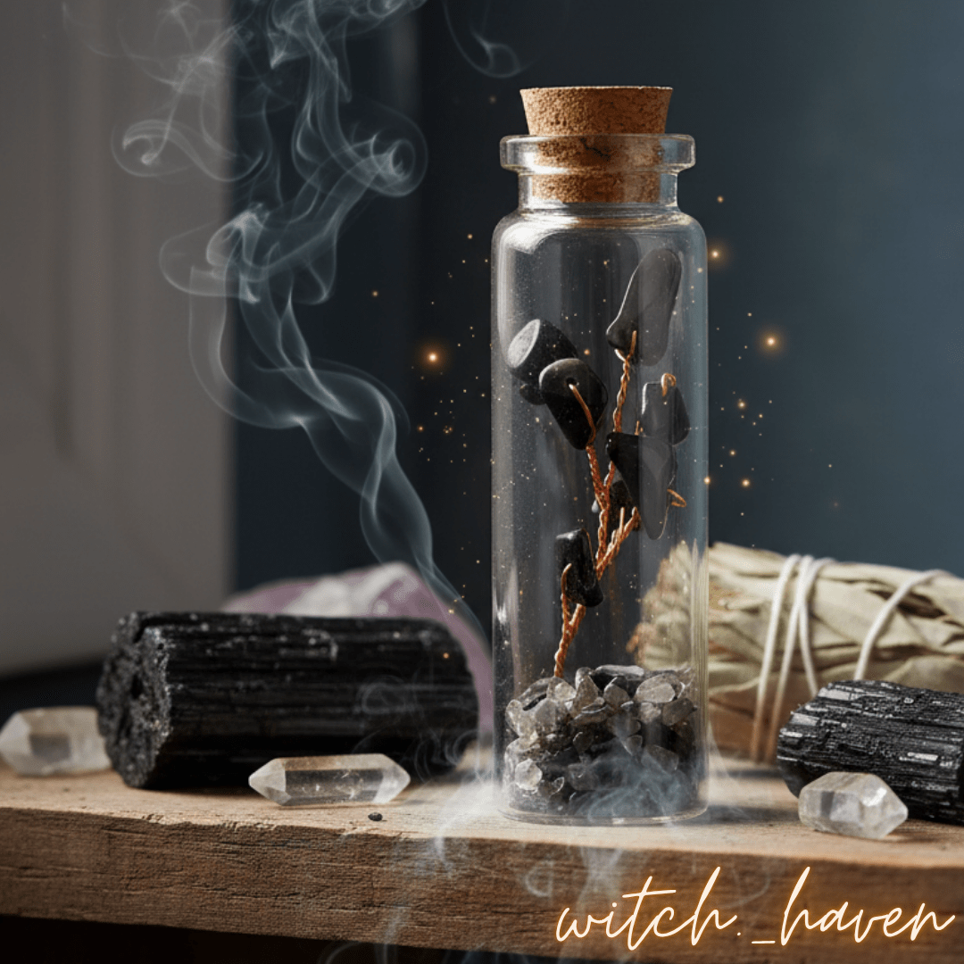 Witchhaven, Dominika Marx, Wunschflasche mit Obsidian und Kupferdrahtbaum, handgefertigte Kristallflasche mit schwarzen Edelsteinen, spirituelles Geschenk für Schutz und Erdung, energetisch gereinigter Obsidian, magische Wunschflasche