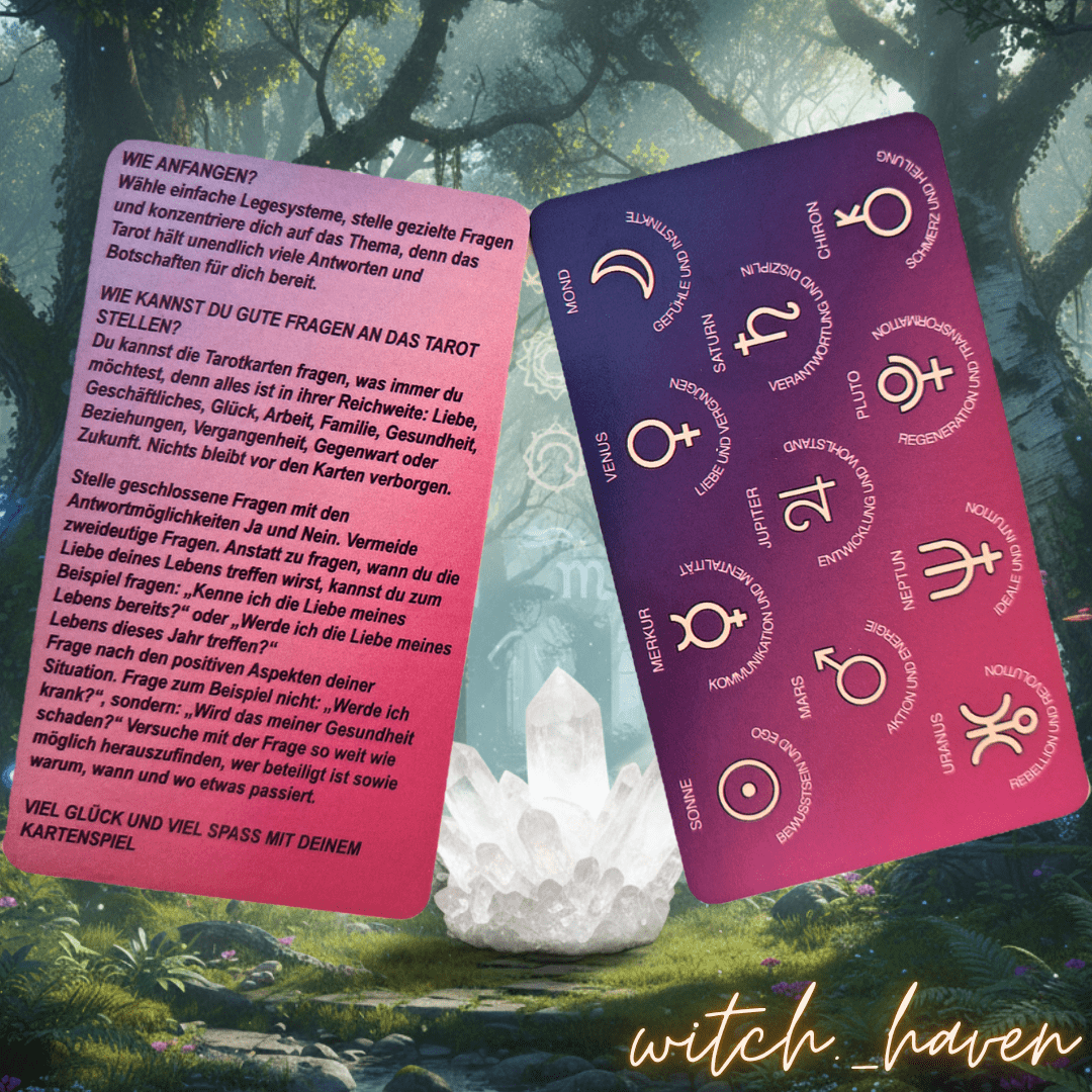 Witchhaven, Dominika Marx, Tarotkarten mit Bedeutungen auf den Karten, 78er Set mit Chakren und Horoskop Symbolen, spirituelles Tarot Deck für Anfänger, energetisch gereinigte Orakelkarten, blaues Kartendesign