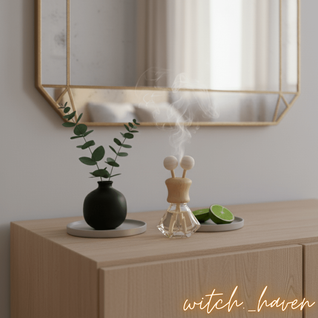 Witchhaven, Dominika Marx, Diamant Duftdiffusor Auto aus Glas mit Holzkappe, Aroma-Set mit Metallklammer und Duftölen, spiritueller Autoduft, energetisch gereinigter Diffusor für ätherische Öle