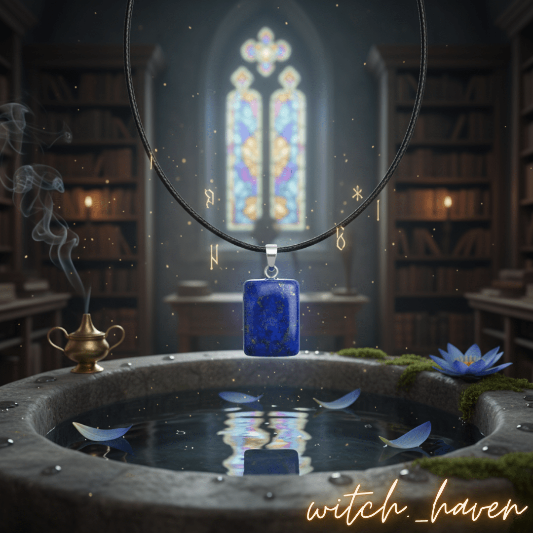 Witchhaven, Dominika Marx, Lapislazuli Anhänger mit Halskette, tiefblauer Naturstein mit Pyrit, spiritueller Schmuck für das Dritte Auge, energetisch gereinigter Heilstein, Geschenk für Weisheit und Schutz