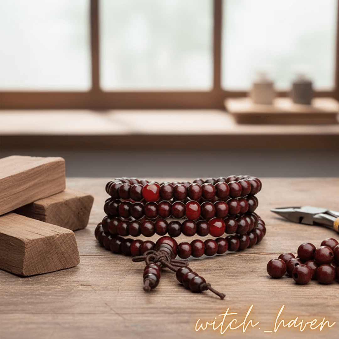 Witchhaven, Dominika Marx, Mala Meditationskette 108 Perlen aus rotem Sandelholz, handgefertigte spirituelle Gebetskette, roter Holzschmuck für Transformation und Mut, energetisch gereinigte Mala Kette