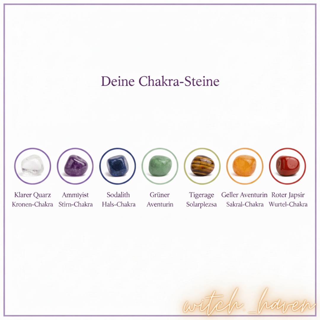 Witchhaven, Dominika Marx, handgefertigtes Chakra Armband mit 7 Heilsteinen, verstellbares Naturstein Armband für Reiki und Meditation, spiritueller Schmuck für Energiebalance, energetisch gereinigtes Heilstein Armband