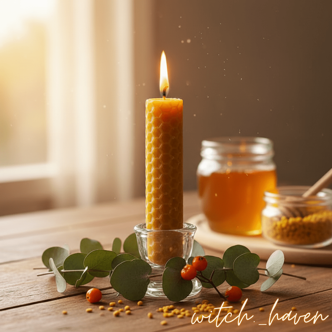 Witchhaven, Dominika Marx, handgefertigte Bienenwachskerzen im 4er Set, gerollte Wabenkerzen aus Bio Bienenwachs, natürlicher Honigduft für Meditation, energetisch gereinigte Naturkerzen