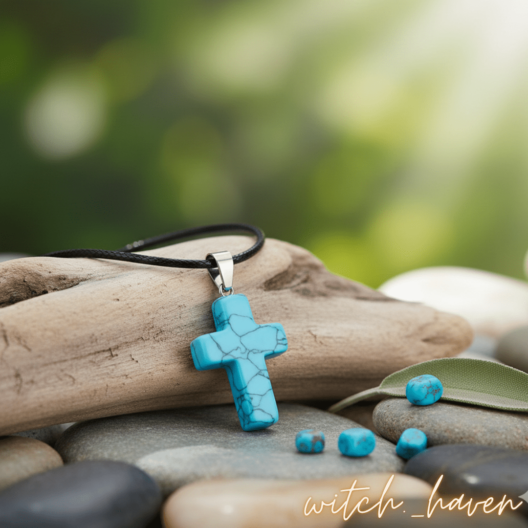Witchhaven, Dominika Marx, Türkis Kreuz Anhänger aus Naturstein, blaue Edelstein Halskette mit Kreuzsymbol, spiritueller Schutzschmuck, energetisch gereinigter Türkis Schmuck
