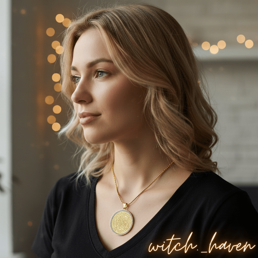 Witchhaven, Dominika Marx, Sieben Erzengel Medaille aus goldenem Edelstahl, Halskette mit Salomos Siegel und Zirkonia, spiritueller Schutzschmuck mit Erzengel Namen, energetisch gereinigtes Erzengel Amulett