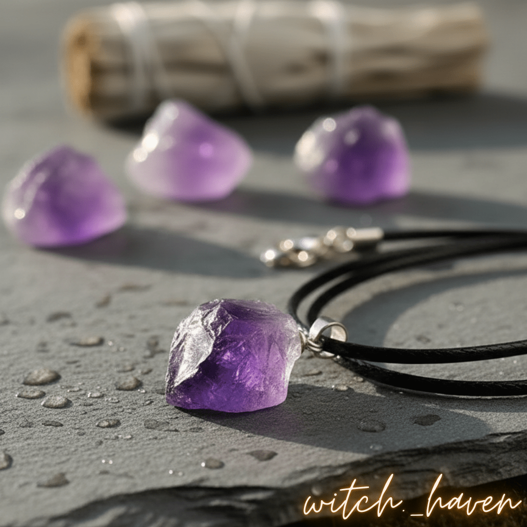 Witchhaven, Dominika Marx, Heilstein Amethyst Kette mit Rohkristall Anhänger, violetter Naturstein Schmuck für das Kronenchakra, spirituelle Halskette für Meditation, energetisch gereinigter Amethyst Stein