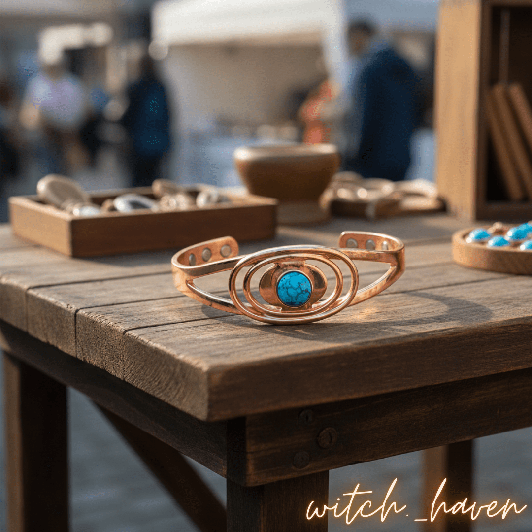 Witchhaven, Dominika Marx, Premium Kupfer Magnetarmband mit echtem Türkis, spiralförmiger Kupferreif mit 6 Magneten, spiritueller Schmuck für Energiefluss und Schutz, energetisch gereinigtes Türkis Armband
