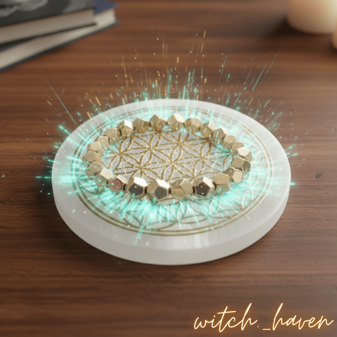 Witchhaven, Dominika Marx, runde Selenit Ladeplatte mit goldener Blume des Lebens Gravur, polierter Selenitstein zur Reinigung und Aufladung von Kristallen, spirituelles Zubehör für Altar und Meditation, energetisch gereinigter Selenit