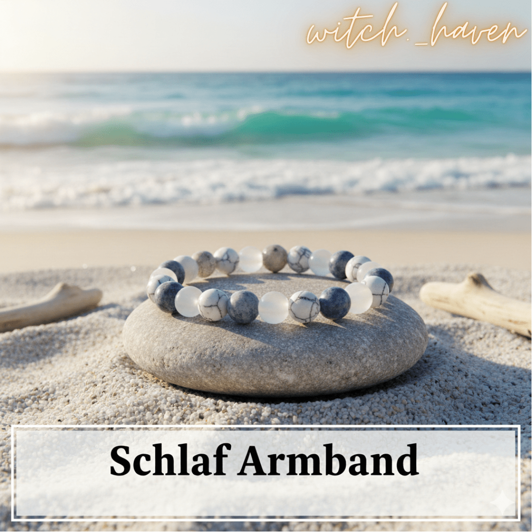 Witchhaven, Dominika Marx, handgefertigtes Schlaf Armband aus blauen Sodalith weißen Howlith und klaren Bergkristall Perlen, spiritueller Schmuck für eine erholsame Nacht, energetisch gereinigtes Edelstein Armband gegen Stress, elastisches Unikat für seelische Reinigung