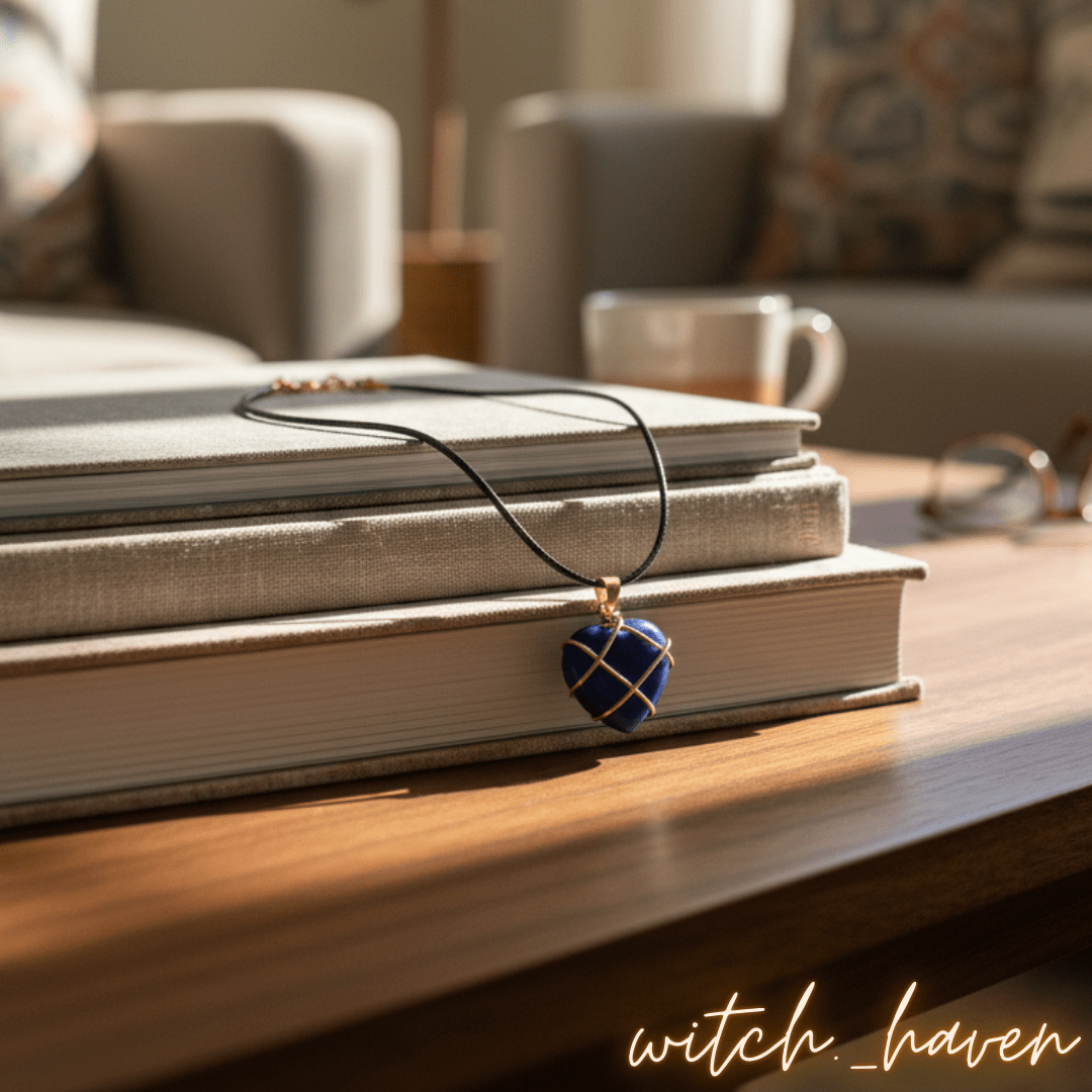 Witchhaven, Dominika Marx, handgefertigte Lapislazuli Herz Halskette mit goldener Drahtwicklung, tiefblauer Naturstein Anhänger für Weisheit und Selbstvertrauen, spiritueller Schmuck energetisch gereinigt, Herzanhänger aus Lapislazuli an goldfarbener Kette