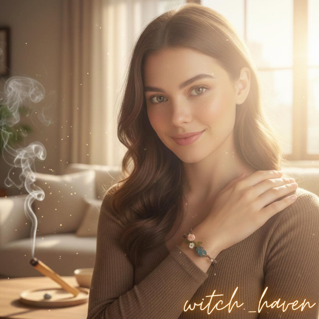 Witchhaven, Dominika Marx, handgewebtes blaues Armband Ozean Magie mit echtem Bergkristall, spiritueller Schmuck mit Blütenmotiven, energetisch gereinigtes Heilstein Armband für Klarheit und Fokus, handgemachtes Unikat aus Naturfasern