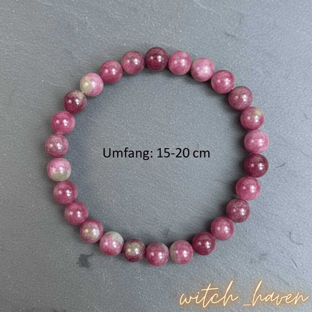 Witchhaven, Dominika Marx, selbstgemachtes Pink Turmalin Armband aus 8 mm großen rosa Naturstein Perlen, spiritueller Schmuck für das Herz Chakra und emotionale Heilung, energetisch gereinigtes Edelstein Armband auf elastischem Band, toskanisches Design