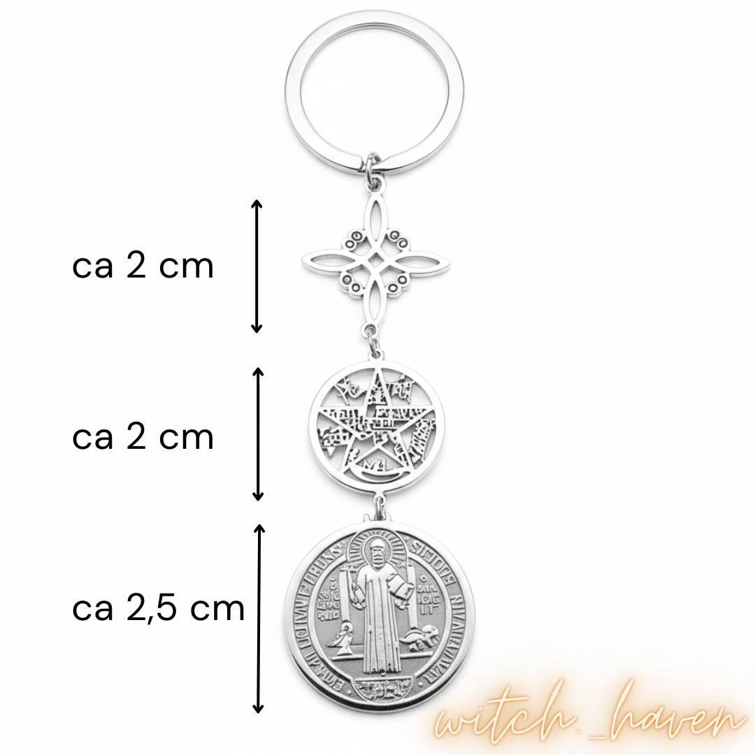 Witchhaven, Dominika Marx, Triple Protection Schlüsselanhänger aus massivem Edelstahl, Schutzsymbole Hexenknoten Pentagramm und Benediktus Medaille, spiritueller Begleiter für das Auto und Zuhause, energetisch gereinigter Schlüsselanhänger gegen negative Energien