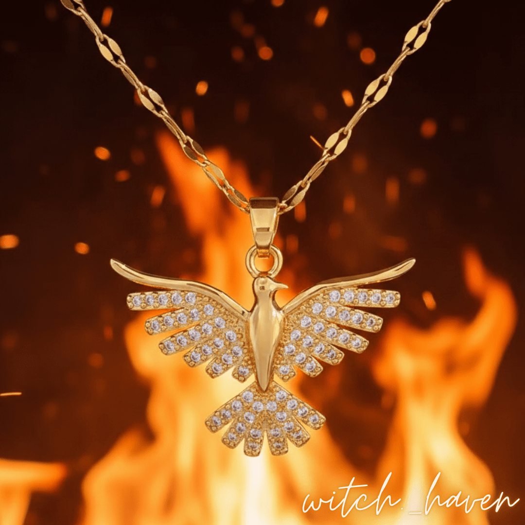 Witchhaven, Dominika Marx, elegante Phönix Halskette mit 14 Karat Gold-Veredelung und Zirkonia Steinen, spiritueller Schmuck für Transformation und Neubeginn, energetisch gereinigter Anhänger Krafttier Phönix, luxuriöse Gliederkette Gold