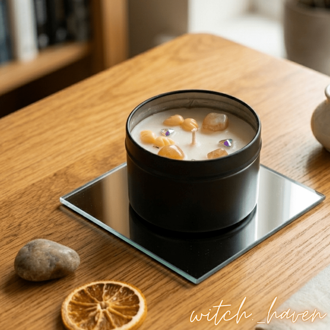 Orange Duftkerze Sojawachs mit echten Zitrin Edelsteinen Dominika Marx, handgemachte schwarze Dose mit fruchtigem Orangenduft, spiritueller Begleiter Raumharmonisierung Witchhaven, handgegossene vegane Kerze Altar Dekoration, rituelles Reinigungsritual Zitrin Edelsteinkerze, Heilsteine für Lebensfreude sowie Optimismus, exklusives Design magische Dekoration orange schwarz