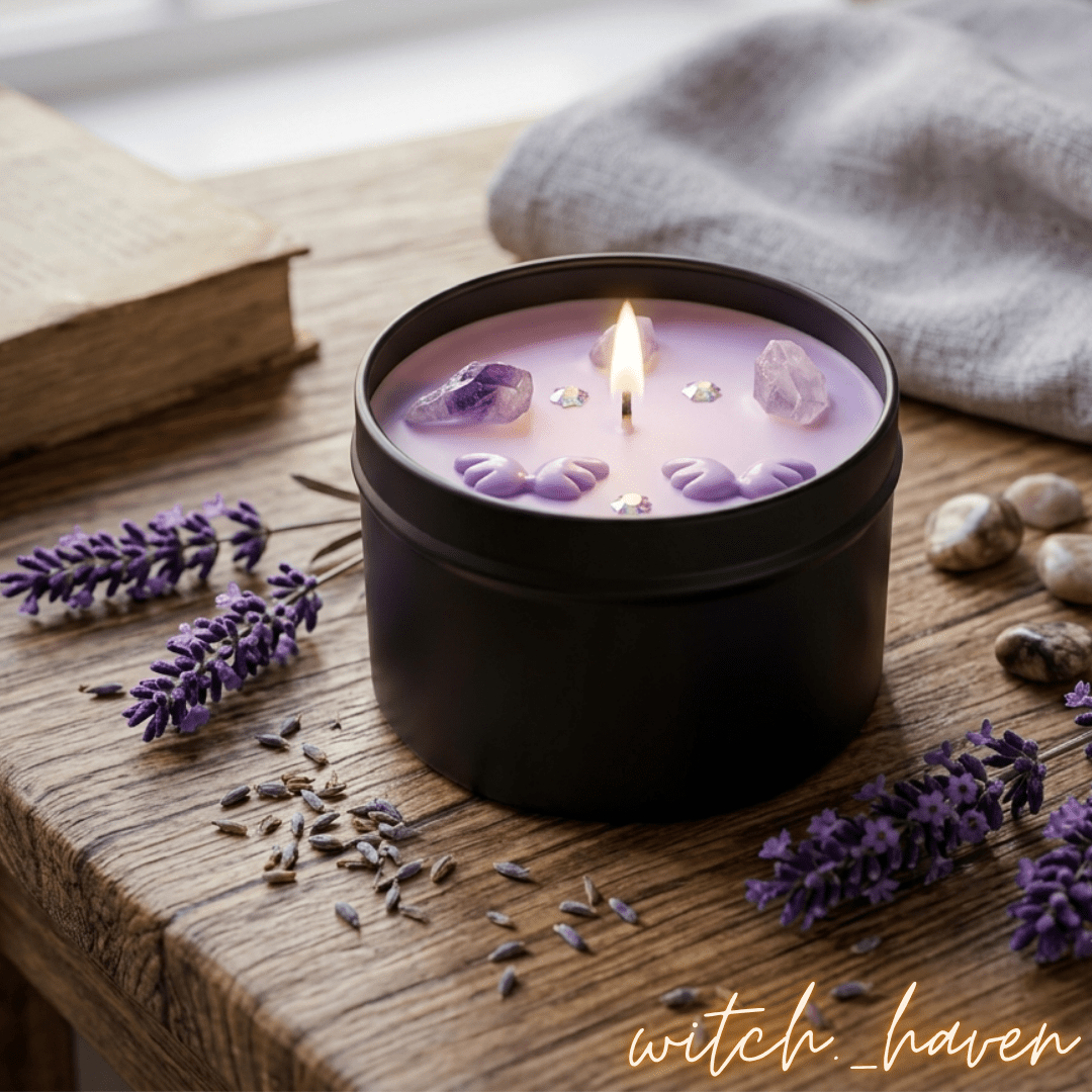 Lavendel Duftkerze Sojawachs mit echten Amethyst Edelsteinen Dominika Marx, handgemachte schwarze Dose mit beruhigendem Lavendelduft, spiritueller Begleiter Raumharmonisierung Witchhaven, handgegossene vegane Kerze Altar Dekoration, rituelles Reinigungsritual Amethyst Edelsteinkerze, Heilsteine für inneren Frieden sowie tiefe Entspannung, exklusives Design magische Dekoration lila schwarz