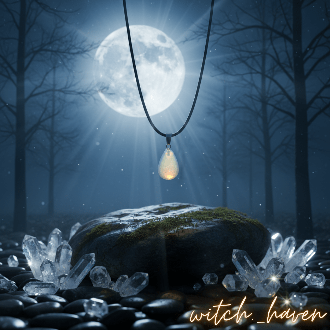 Witchhaven, Dominika Marx, Mondstein Halskette mit Tropfenanhänger, natürlicher schimmernder Mondstein, spiritueller Damenschmuck, energetisch gereinigte Edelsteinkette, Schmuck für Intuition und Weiblichkeit