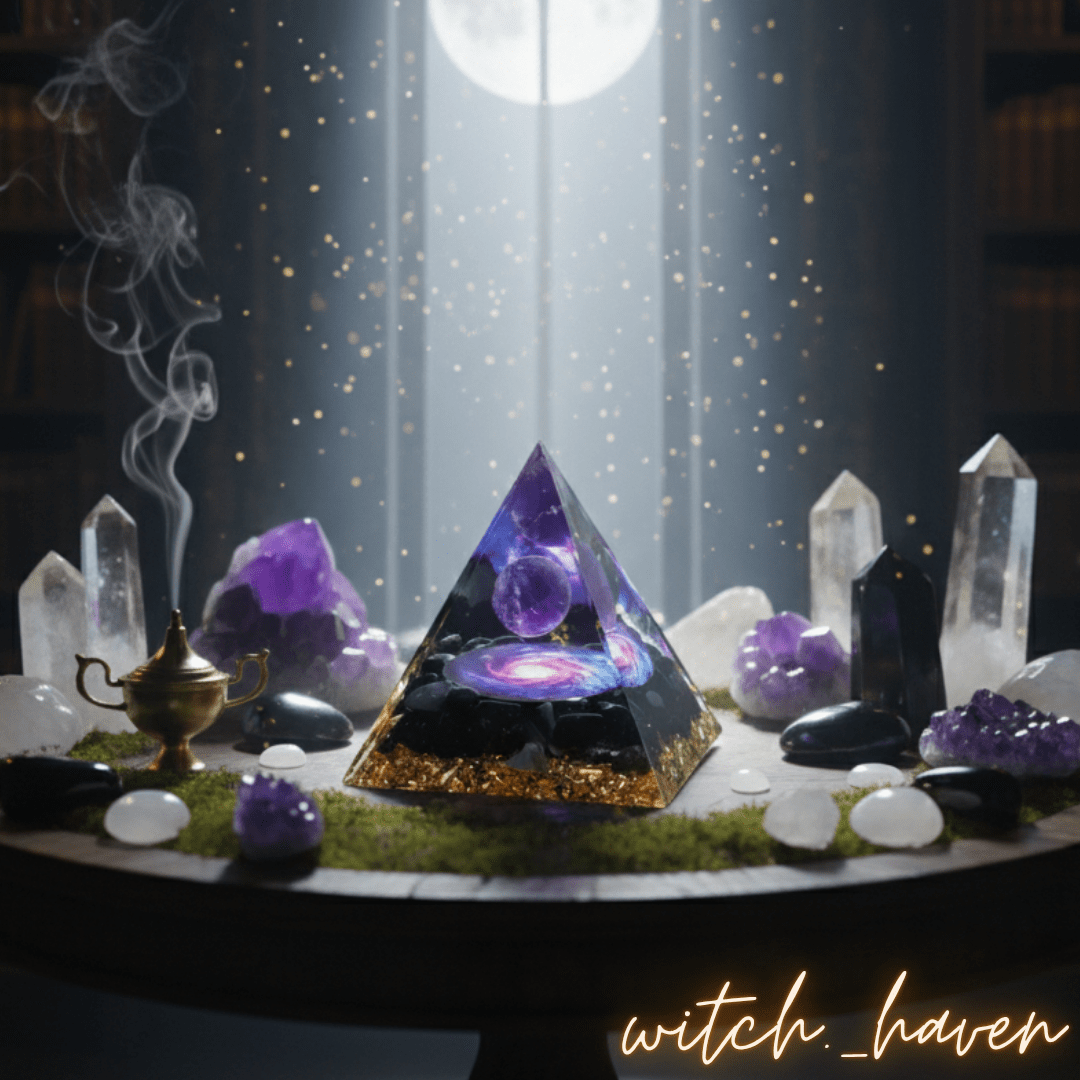 Witchhaven, Dominika Marx, Orgon Pyramide, Amethyst Obsidian Kristall, energetischer Schutz, spirituelle Raumharmonisierung, Orgonit Generator, heilige Geometrie