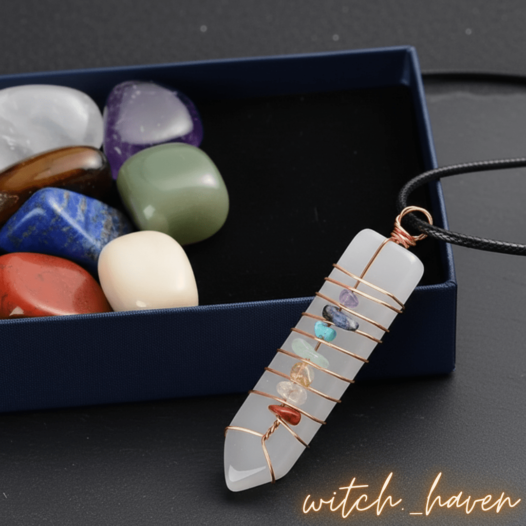 Witchhaven, Dominika Marx, Chakra Edelstein Set, Heilsteine Set mit Anhänger, energetische Reinigung, Bergkristall Amethyst Sodalith Aventurin Citrin Tigerauge Jaspis, spirituelle Balance