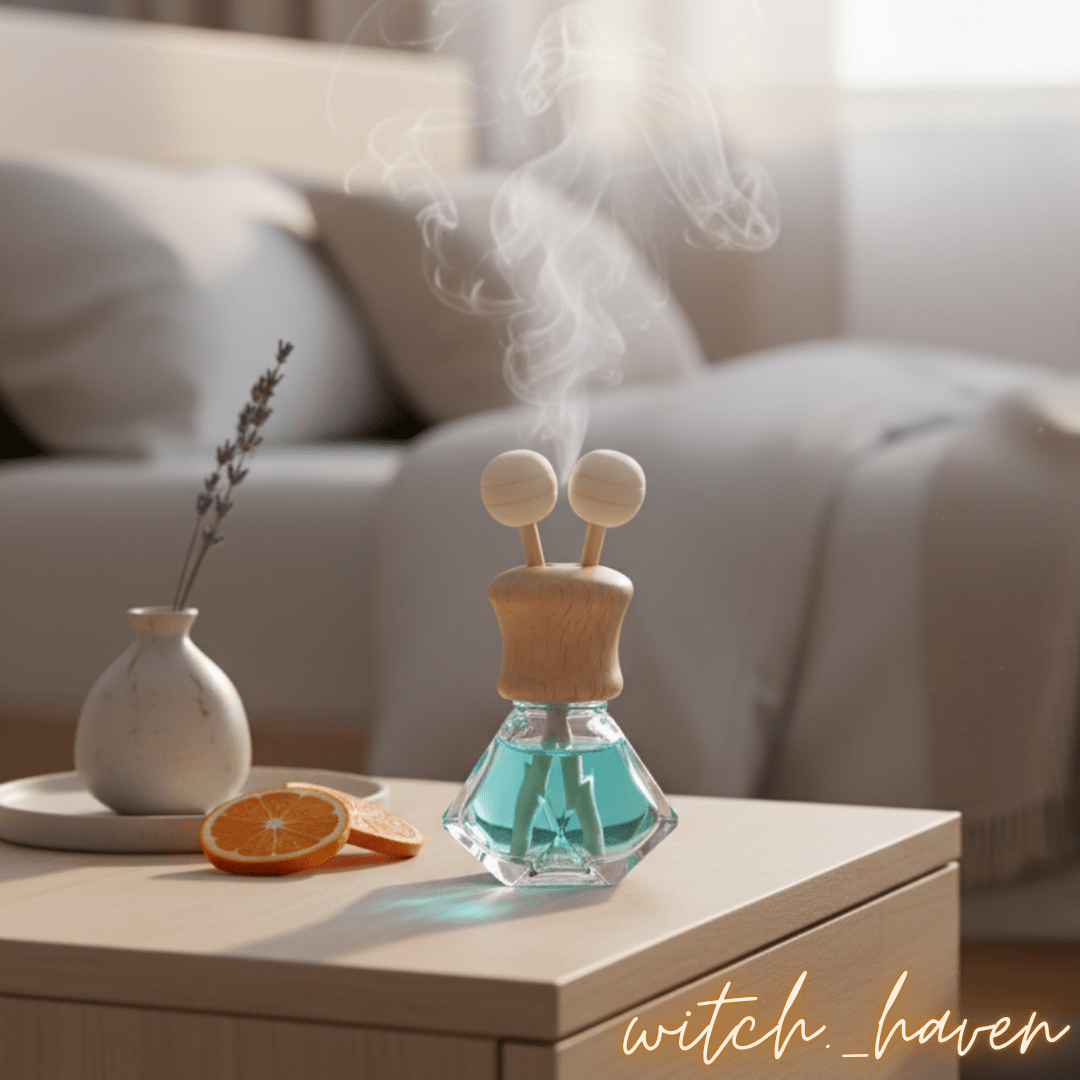 Witchhaven, Dominika Marx, Diamant Duftdiffusor Auto aus Glas mit Holzkappe, Aroma-Set mit Metallklammer und Duftölen, spiritueller Autoduft, energetisch gereinigter Diffusor für ätherische Öle