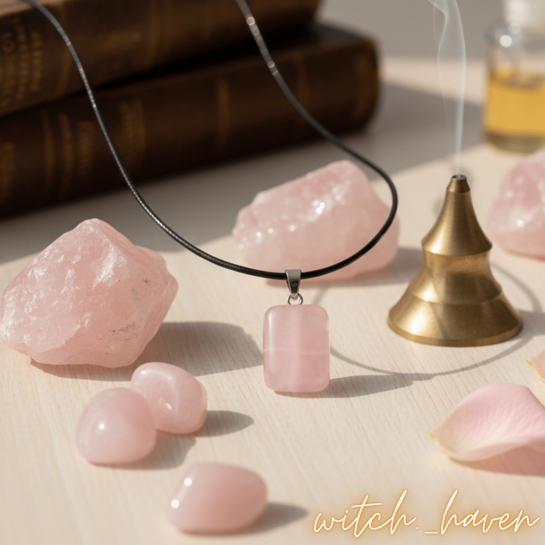 Witchhaven, Dominika Marx, Rosenquarz Anhänger mit Halskette, handpolierter rosa Naturstein, spiritueller Schmuck für das Herzchakra, energetisch gereinigter Heilstein, Geschenk für Selbstliebe und Harmonie
