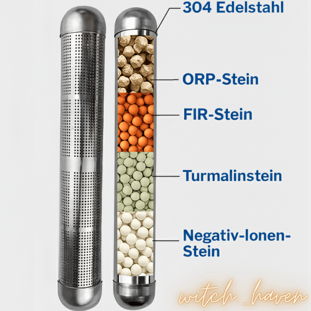 Witchhaven, Dominika Marx, Alkaline Wasser Stick aus Edelstahl mit Turmalin und Mineralsteinen, energetische Wasserbelebung für unterwegs, spirituelles Werkzeug für Vitalität und Erdung, energetisch gereinigter Wasserfilterstab
