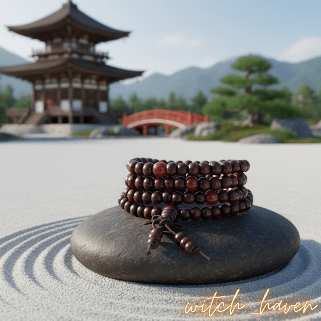 Witchhaven, Dominika Marx, Mala Meditationskette 108 Perlen aus rotem Sandelholz, handgefertigte spirituelle Gebetskette, roter Holzschmuck für Transformation und Mut, energetisch gereinigte Mala Kette