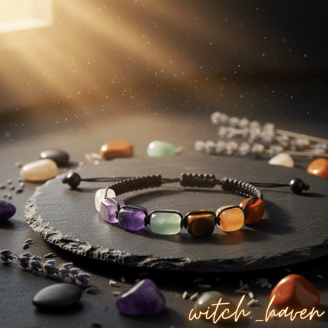 Witchhaven, Dominika Marx, handgefertigtes Chakra Armband mit 7 Heilsteinen, verstellbares Naturstein Armband für Reiki und Meditation, spiritueller Schmuck für Energiebalance, energetisch gereinigtes Heilstein Armband