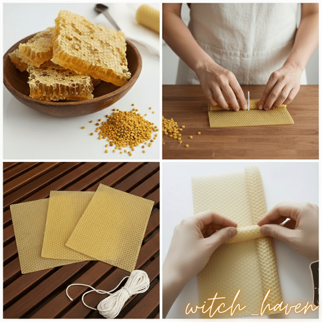 Witchhaven, Dominika Marx, handgefertigte Bienenwachskerzen im 4er Set, gerollte Wabenkerzen aus Bio Bienenwachs, natürlicher Honigduft für Meditation, energetisch gereinigte Naturkerzen