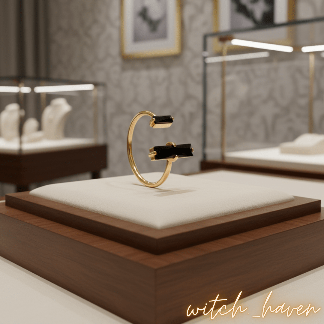 Witchhaven, Dominika Marx, goldener Obsidian Ring im Doppelbarren Design, verstellbarer Schutzschmuck mit schwarzen Obsidian Steinen, spiritueller Ring für Reiki und Erdung, energetisch gereinigter Obsidian Schmuck