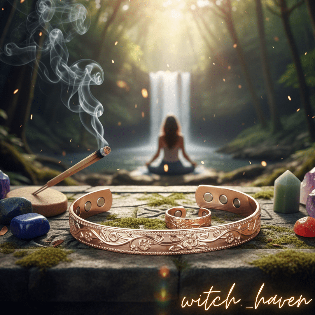 Witchhaven, Dominika Marx, Premium Kupfer Set mit Armreif und Ring, massiver Kupferschmuck mit floralem Muster und Magneten, spirituelles Schmuckset für Energiefluss, energetisch gereinigter Kupfer Magnet Schmuck