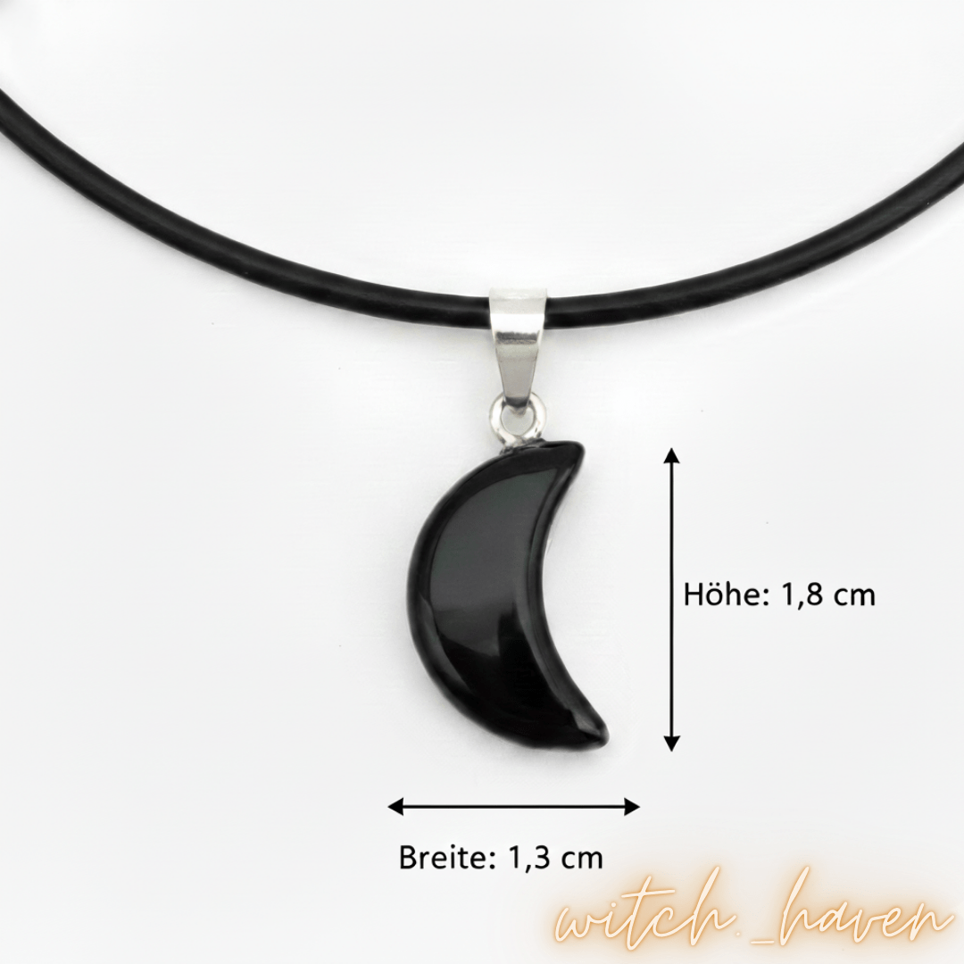 Witchhaven, Dominika Marx, schwarzer Obsidian Anhänger in Mondsichel Form, polierter Heilstein an schwarzer Schnur, spiritueller Schmuck für Intuition und emotionalen Schutz, energetisch gereinigtes Obsidian Mond Amulett