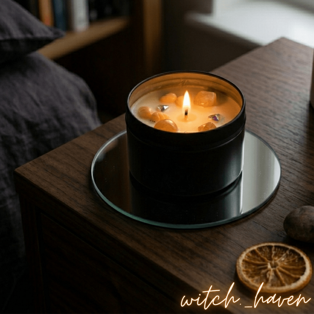 Orange Duftkerze Sojawachs mit echten Zitrin Edelsteinen Dominika Marx, handgemachte schwarze Dose mit fruchtigem Orangenduft, spiritueller Begleiter Raumharmonisierung Witchhaven, handgegossene vegane Kerze Altar Dekoration, rituelles Reinigungsritual Zitrin Edelsteinkerze, Heilsteine für Lebensfreude sowie Optimismus, exklusives Design magische Dekoration orange schwarz