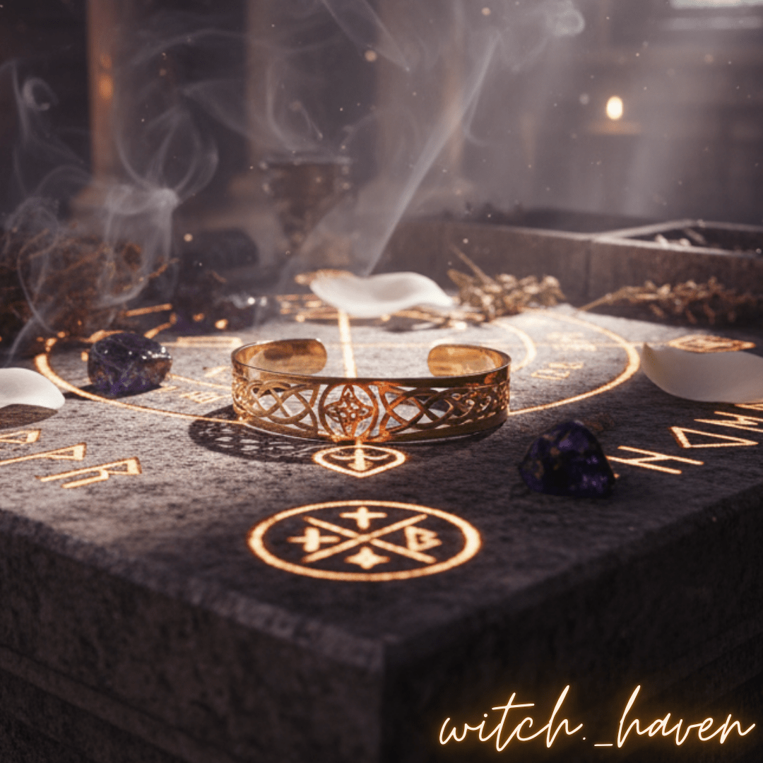 Witchhaven, Dominika Marx, Goldenes Hexenknoten Armband aus Edelstahl, keltischer Schutzarmreif goldfarben, spiritueller Schmuck aus Irland, energetisch gereinigtes Amulett, verstellbares goldenes Cuff Armband