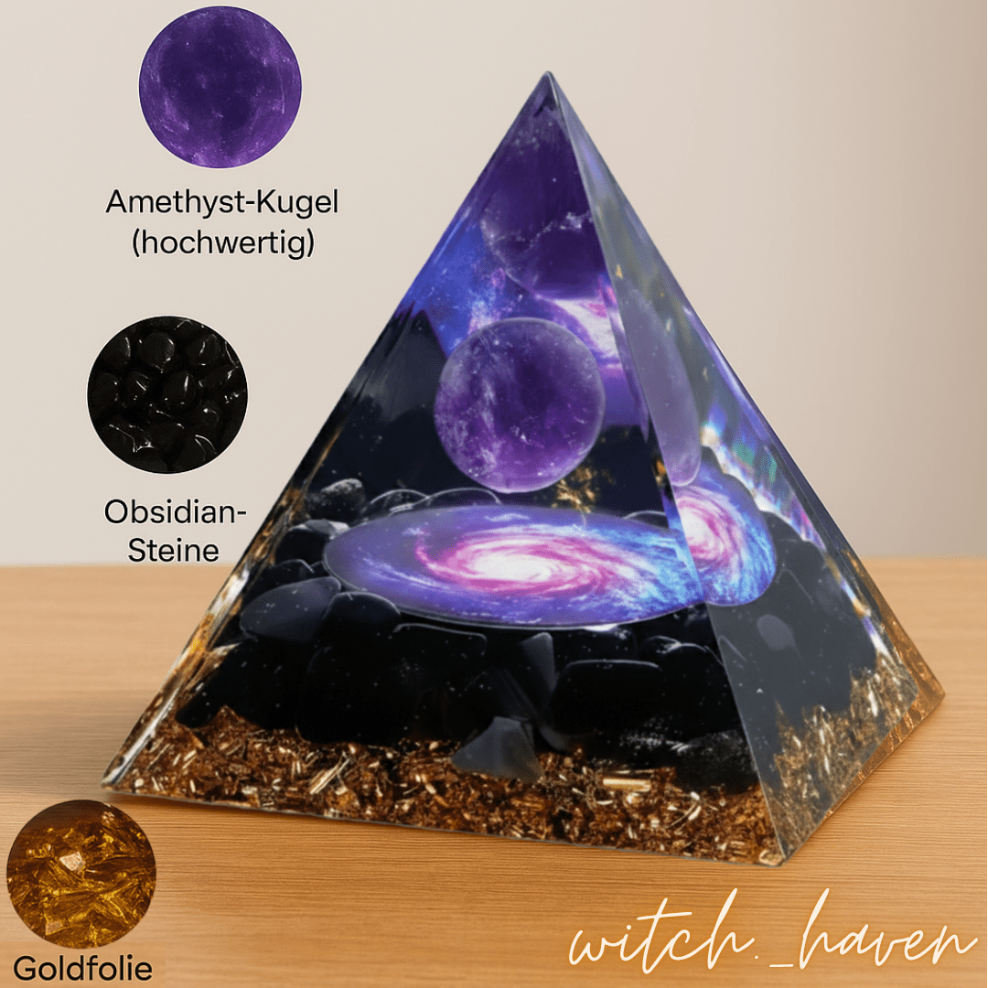 Witchhaven, Dominika Marx, Orgon Pyramide, Amethyst Obsidian Kristall, energetischer Schutz, spirituelle Raumharmonisierung, Orgonit Generator, heilige Geometrie