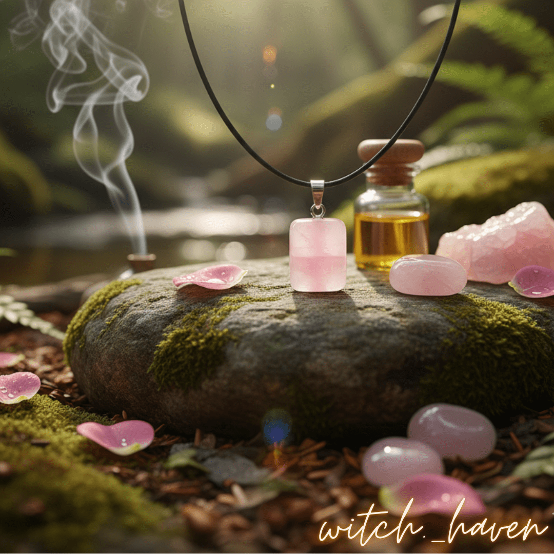 Witchhaven, Dominika Marx, Rosenquarz Anhänger mit Halskette, handpolierter rosa Naturstein, spiritueller Schmuck für das Herzchakra, energetisch gereinigter Heilstein, Geschenk für Selbstliebe und Harmonie