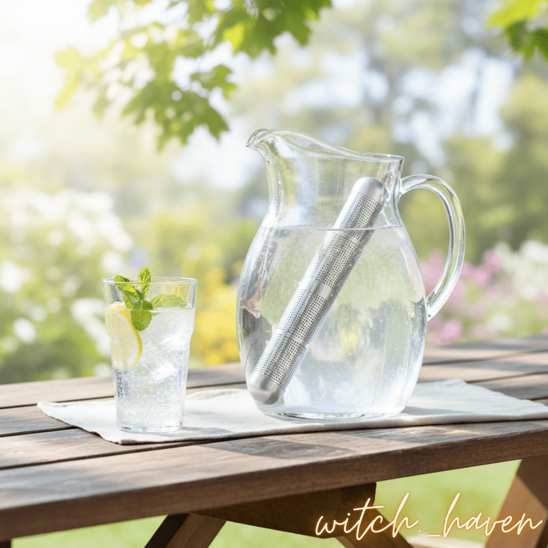 Witchhaven, Dominika Marx, Alkaline Wasser Stick aus Edelstahl mit Turmalin und Mineralsteinen, energetische Wasserbelebung für unterwegs, spirituelles Werkzeug für Vitalität und Erdung, energetisch gereinigter Wasserfilterstab