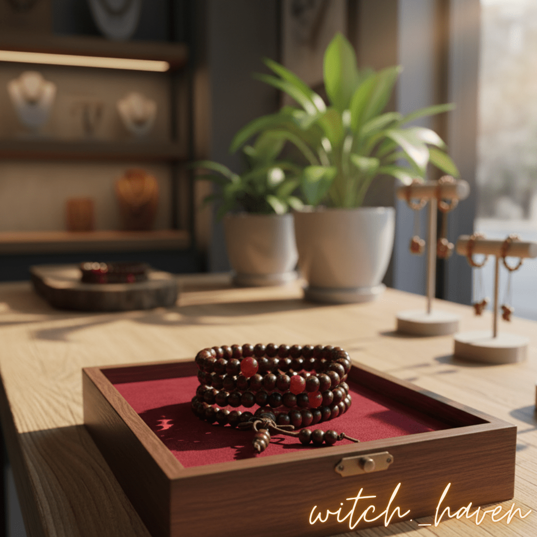 Witchhaven, Dominika Marx, Mala Meditationskette 108 Perlen aus rotem Sandelholz, handgefertigte spirituelle Gebetskette, roter Holzschmuck für Transformation und Mut, energetisch gereinigte Mala Kette