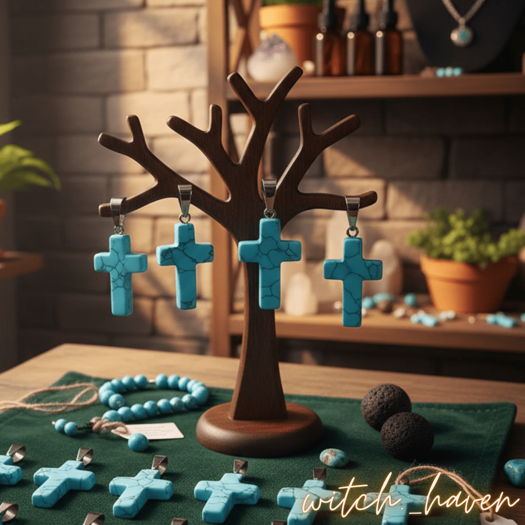 Witchhaven, Dominika Marx, Türkis Kreuz Anhänger aus Naturstein, blaue Edelstein Halskette mit Kreuzsymbol, spiritueller Schutzschmuck, energetisch gereinigter Türkis Schmuck
