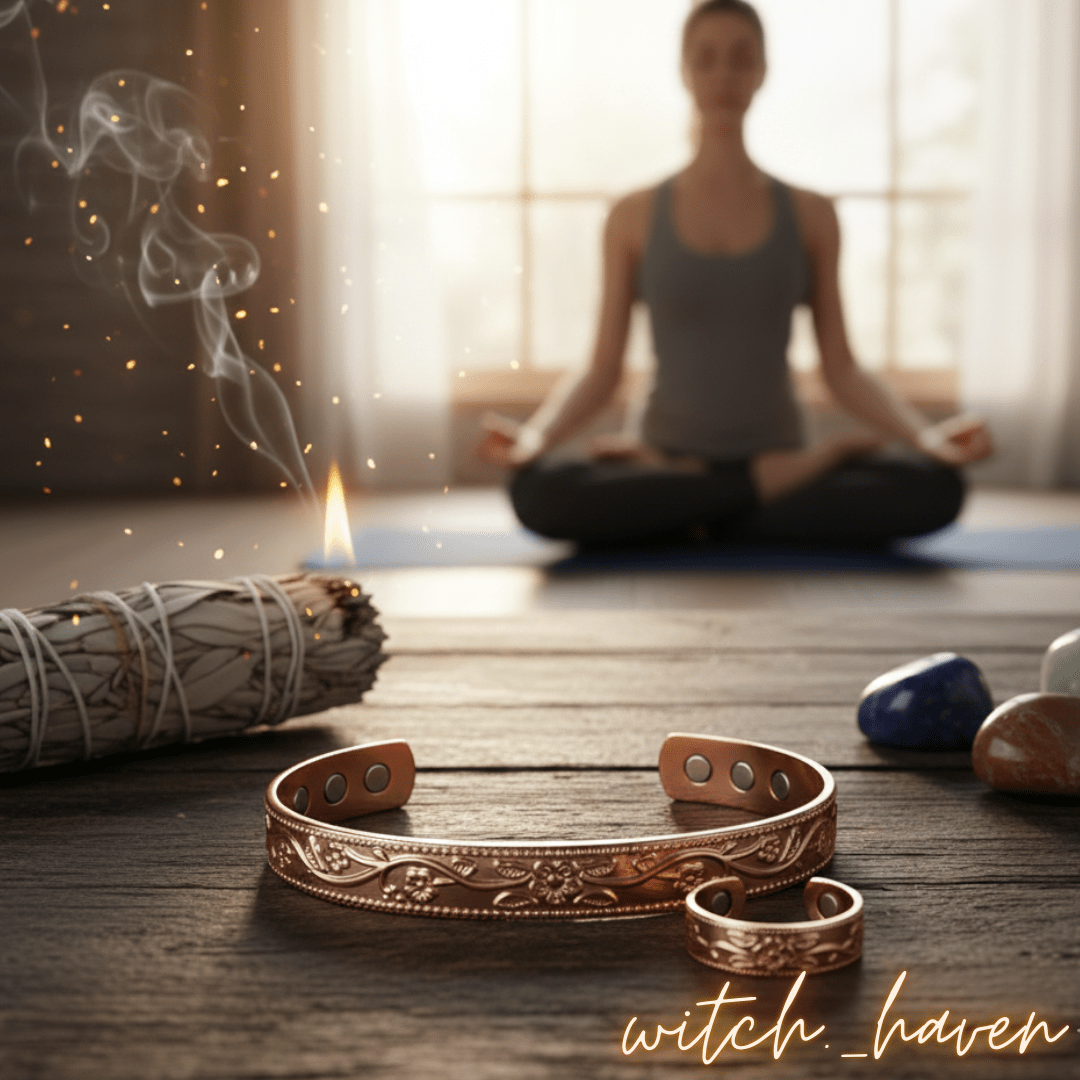 Witchhaven, Dominika Marx, Premium Kupfer Set mit Armreif und Ring, massiver Kupferschmuck mit floralem Muster und Magneten, spirituelles Schmuckset für Energiefluss, energetisch gereinigter Kupfer Magnet Schmuck