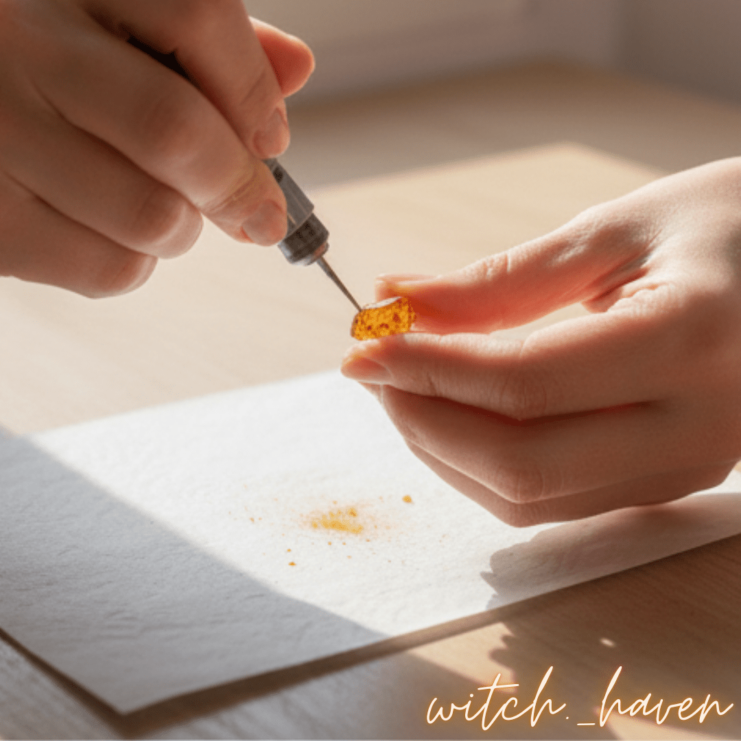 Witchhaven, Dominika Marx, handgefertigtes Armband aus natürlichen goldgelben Bernsteinperlen auf elastischem Band, spiritueller Schmuck für Aura Reinigung und Lebensfreude, energetisch gereinigtes Bernstein Armband