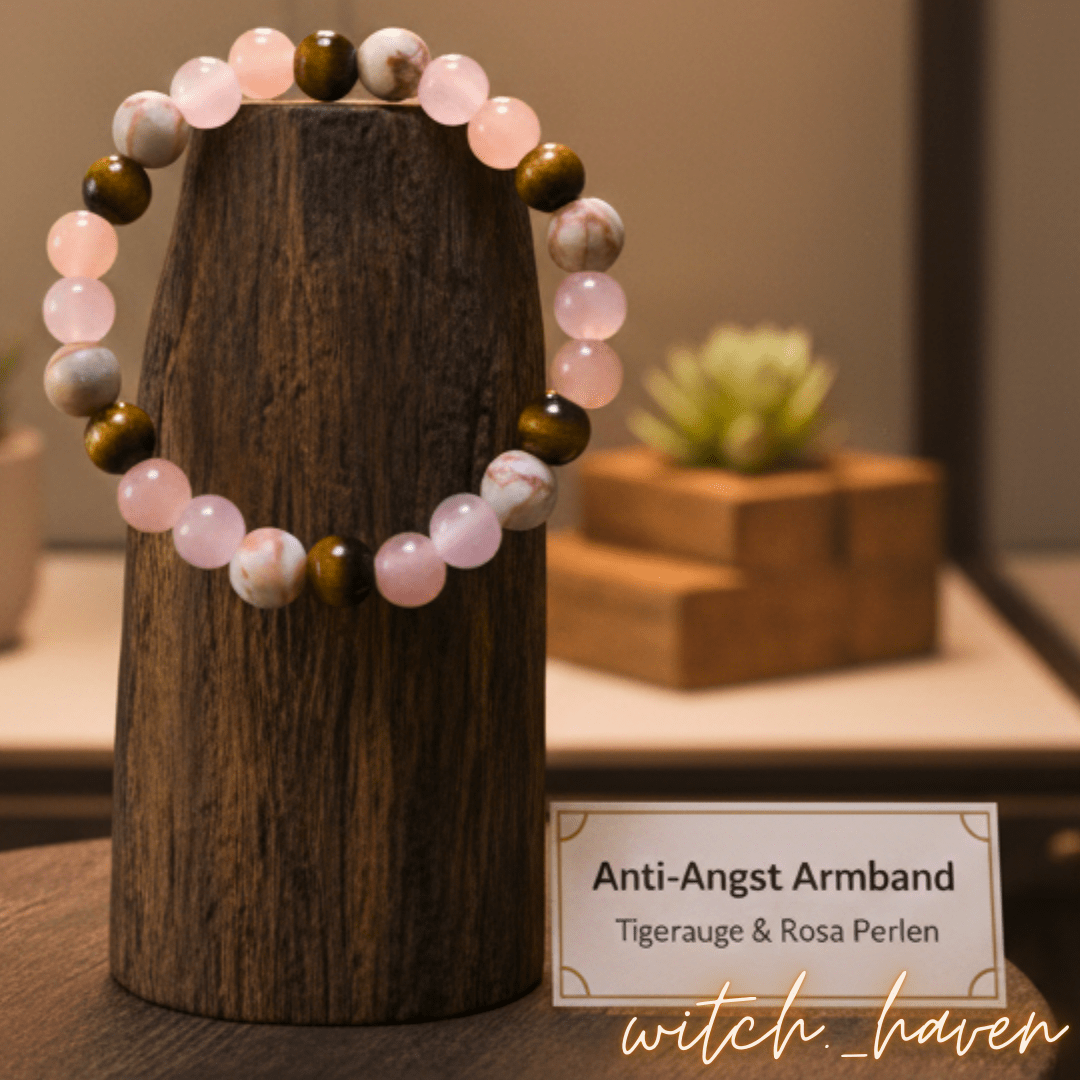 Witchhaven, Dominika Marx, handgefertigtes Anti Angst Armband aus Tigerauge Rosenquarz und Magnesit Perlen, spiritueller Schmuck für mentale Balance und Schutz, energetisch gereinigtes Edelstein Armband gegen innere Unruhe, elastisches Unikat für Zuversicht