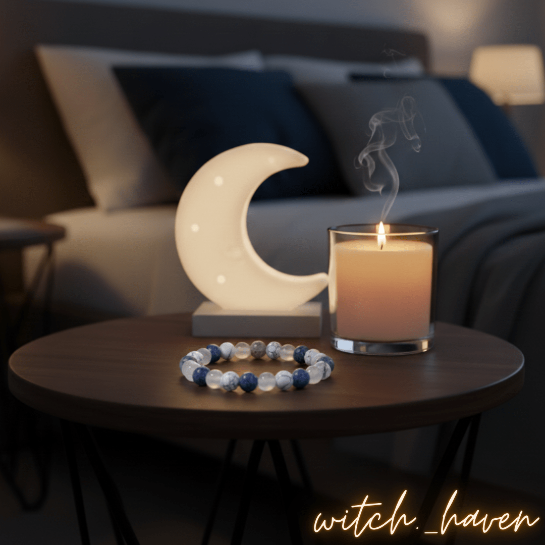 Witchhaven, Dominika Marx, handgefertigtes Schlaf Armband aus blauen Sodalith weißen Howlith und klaren Bergkristall Perlen, spiritueller Schmuck für eine erholsame Nacht, energetisch gereinigtes Edelstein Armband gegen Stress, elastisches Unikat für seelische Reinigung